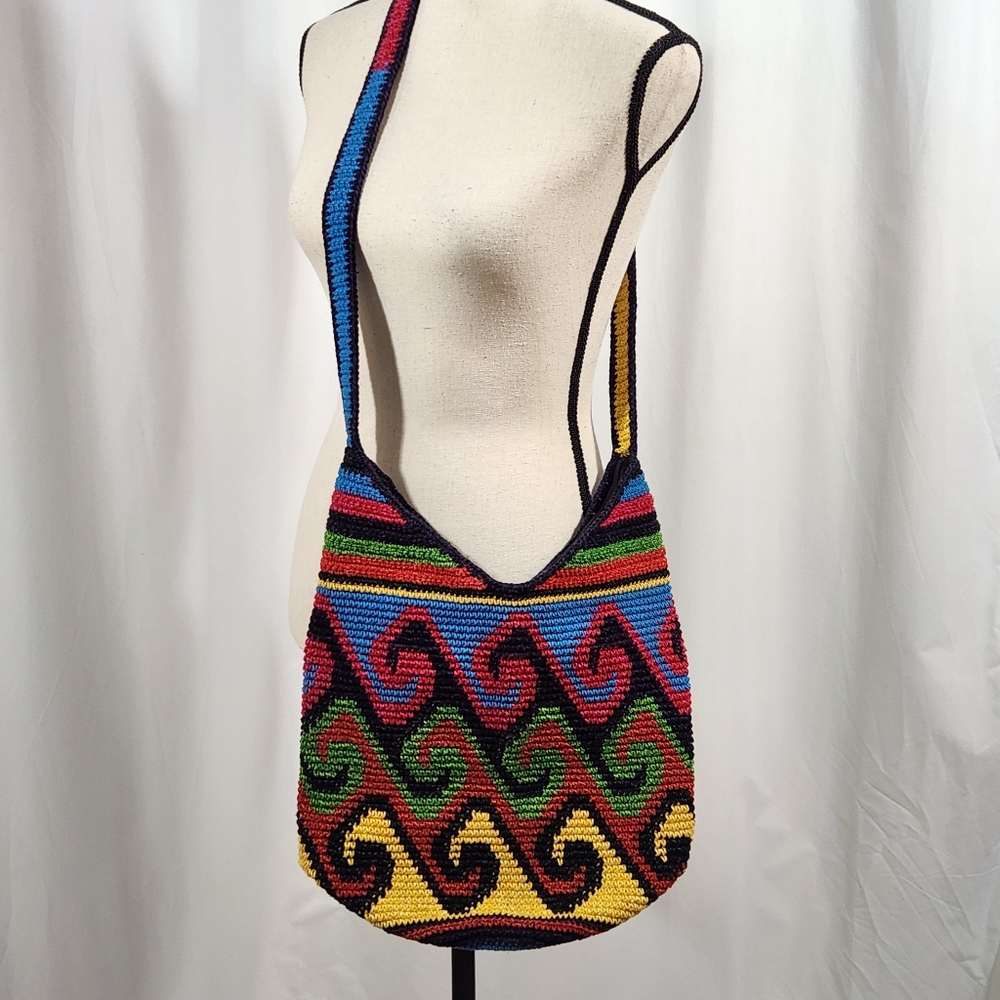 Wave Motif Crocheted Woven Bag Beach Hippie Boho Natural Travel